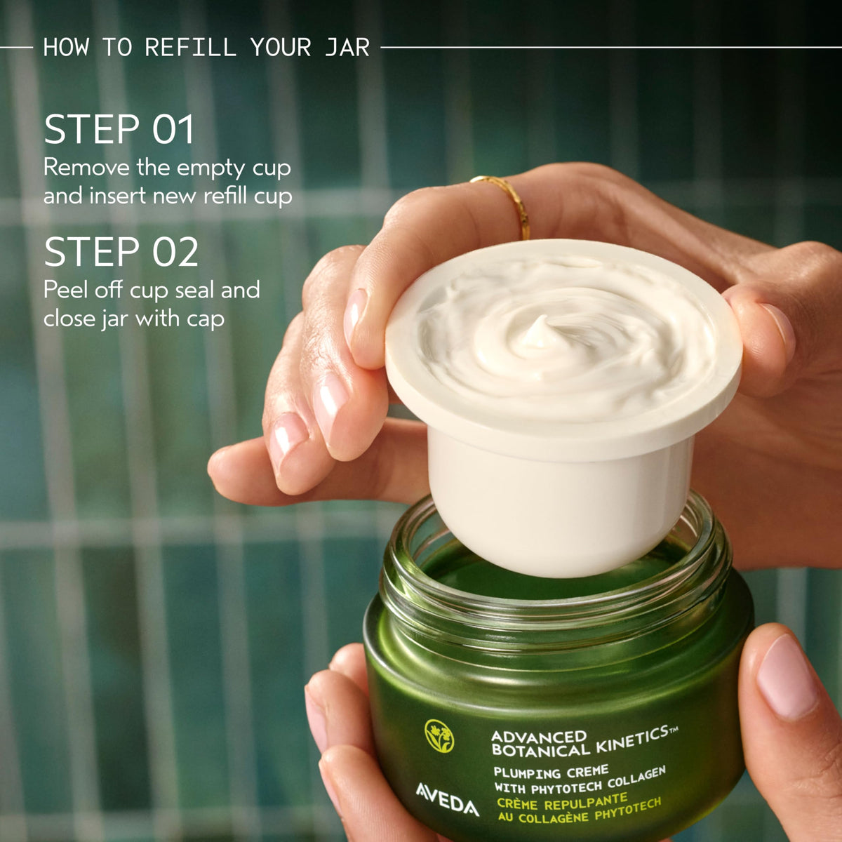 Aveda Advanced Botanical Kinetics Plumping Cream pump-dispense demonstrates controlled application.