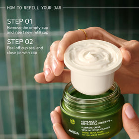 Aveda Advanced Botanical Kinetics Plumping Cream pump-dispense demonstrates controlled application.
