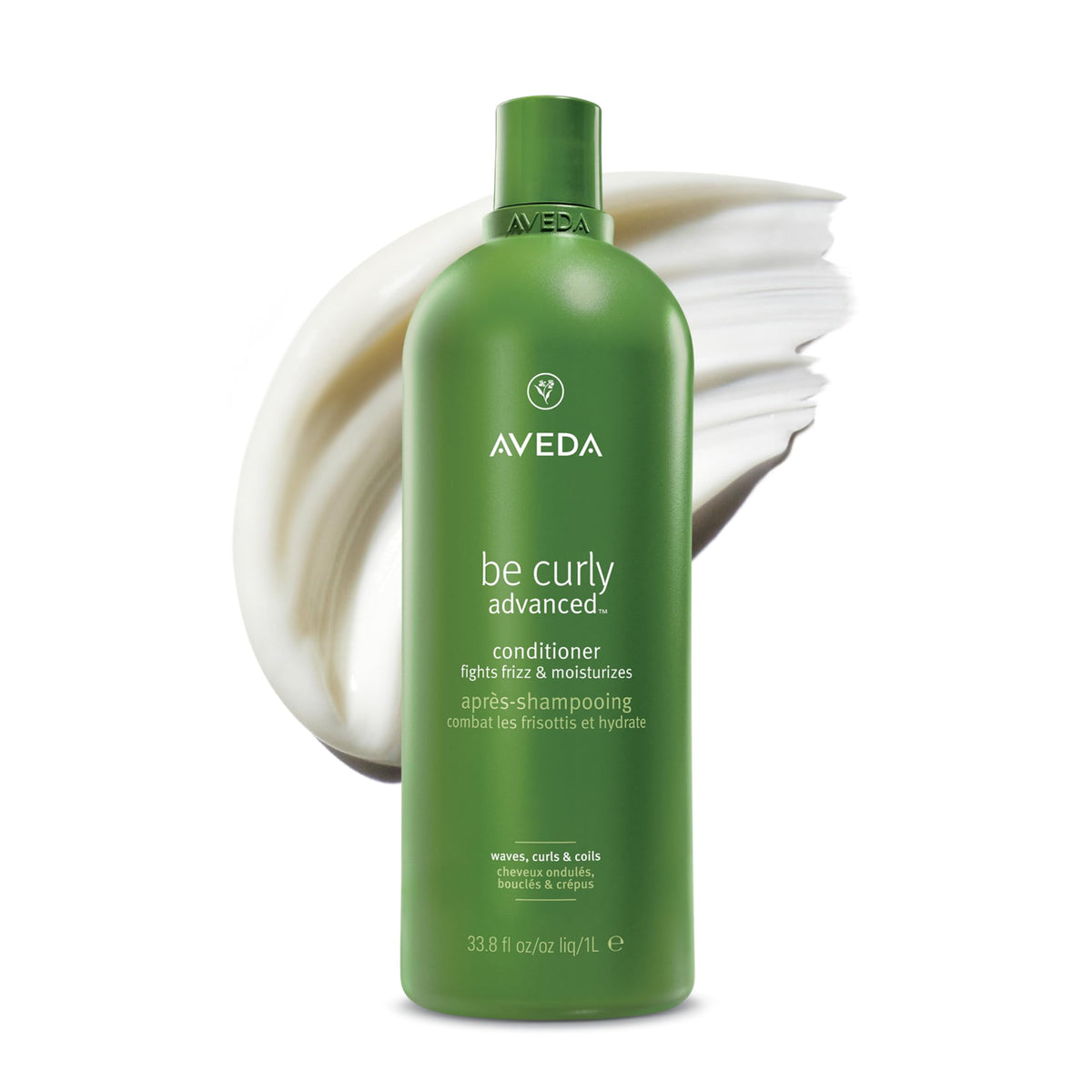 Aveda Be Curly Advanced Conditioner bottle front showing silicone-free formula and hydration promise.