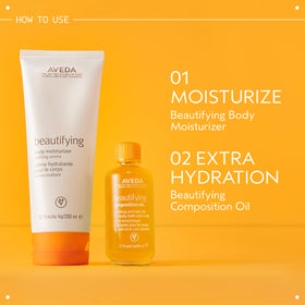 Aveda Beautifying Body Lotion being massaged into skin after shower.