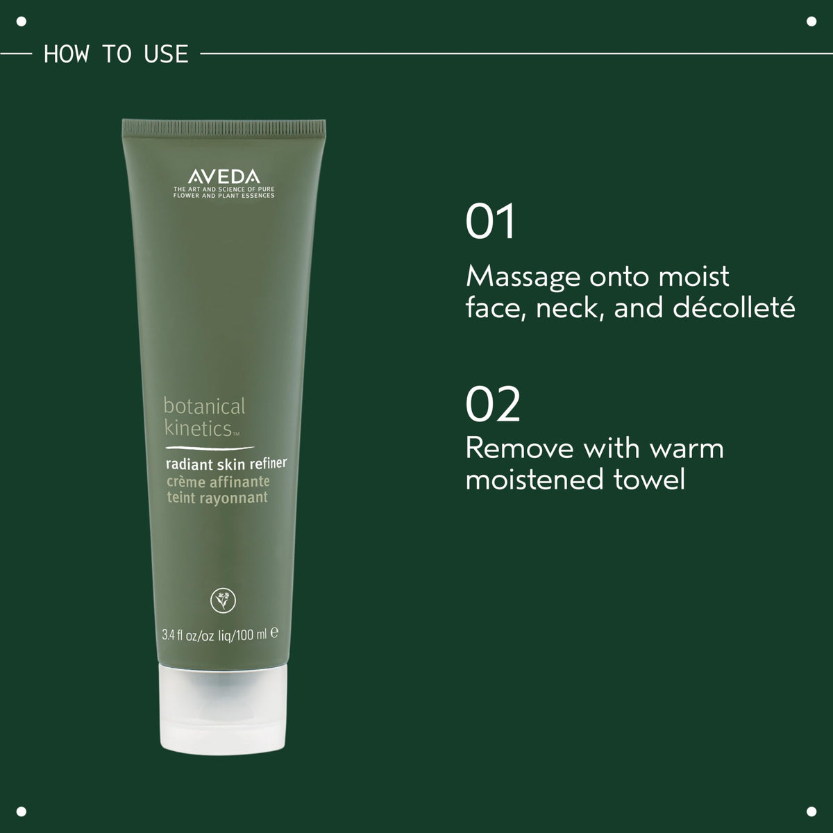 Demonstration of massaging the scrub onto the face for twice-weekly use with Aveda.