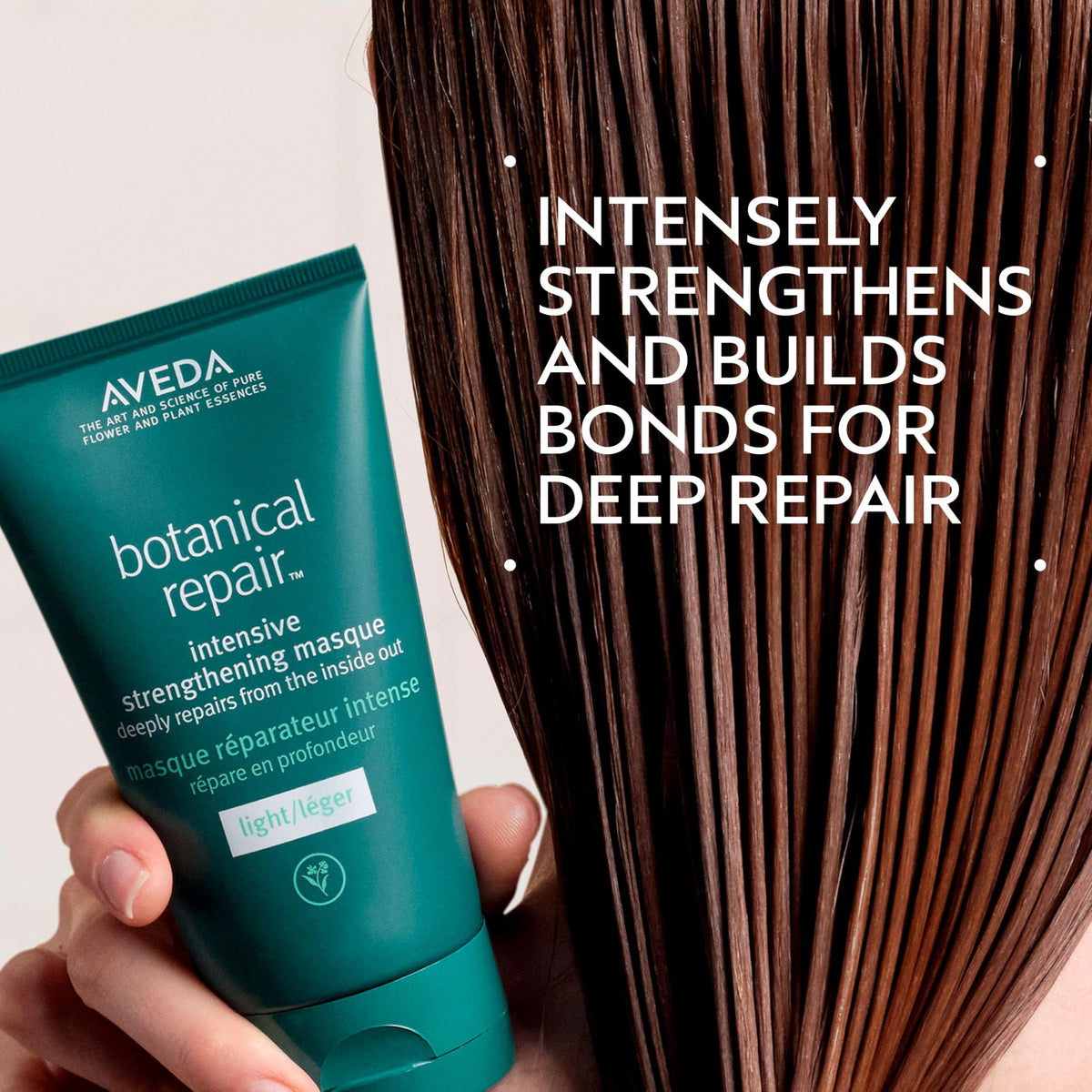 Aveda Botanical Repair Masque Light packaging close-up highlighting vegan and clean beauty credentials.