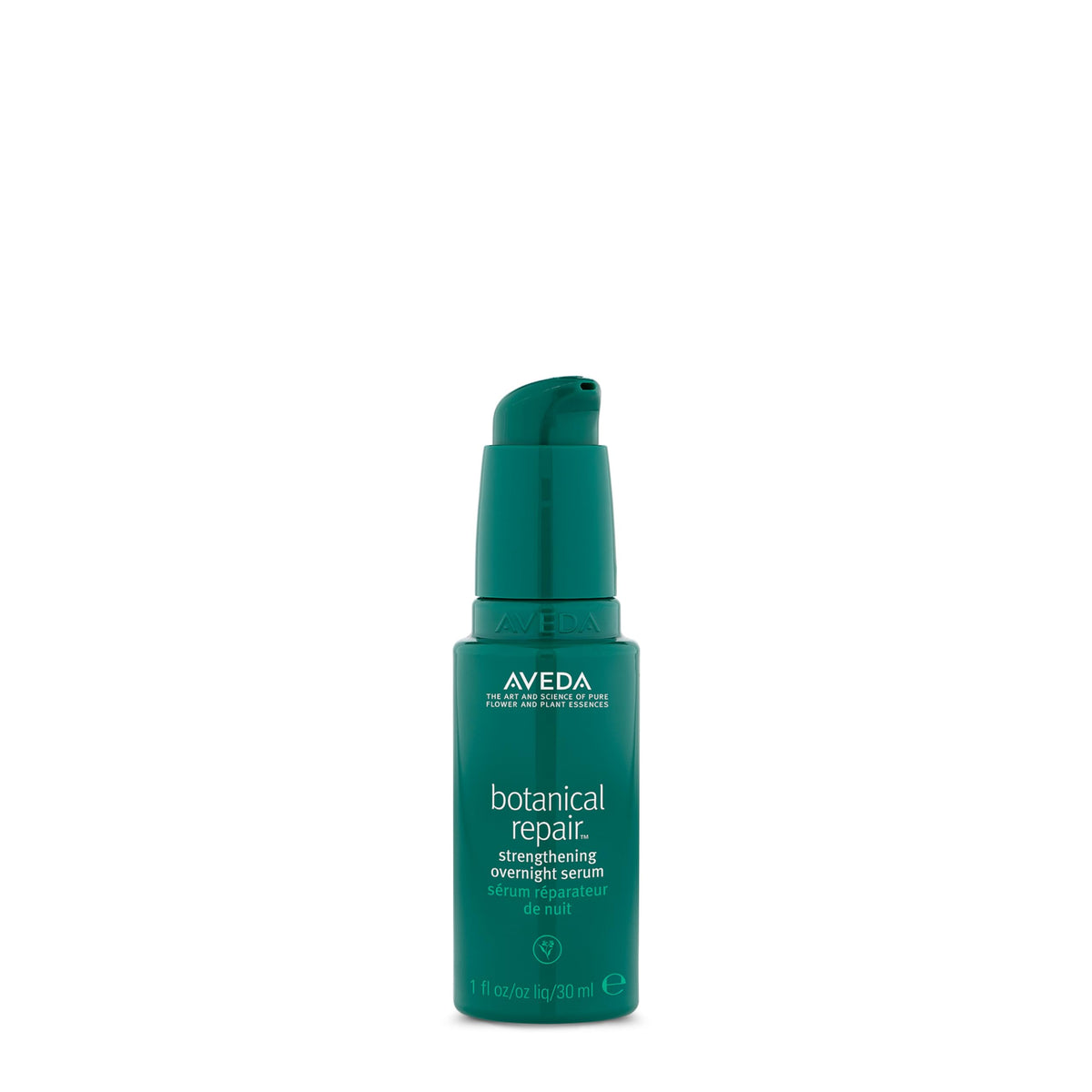 Aveda Botanical Repair overnight serum bottle close-up showing sleek packaging and luxury feel.