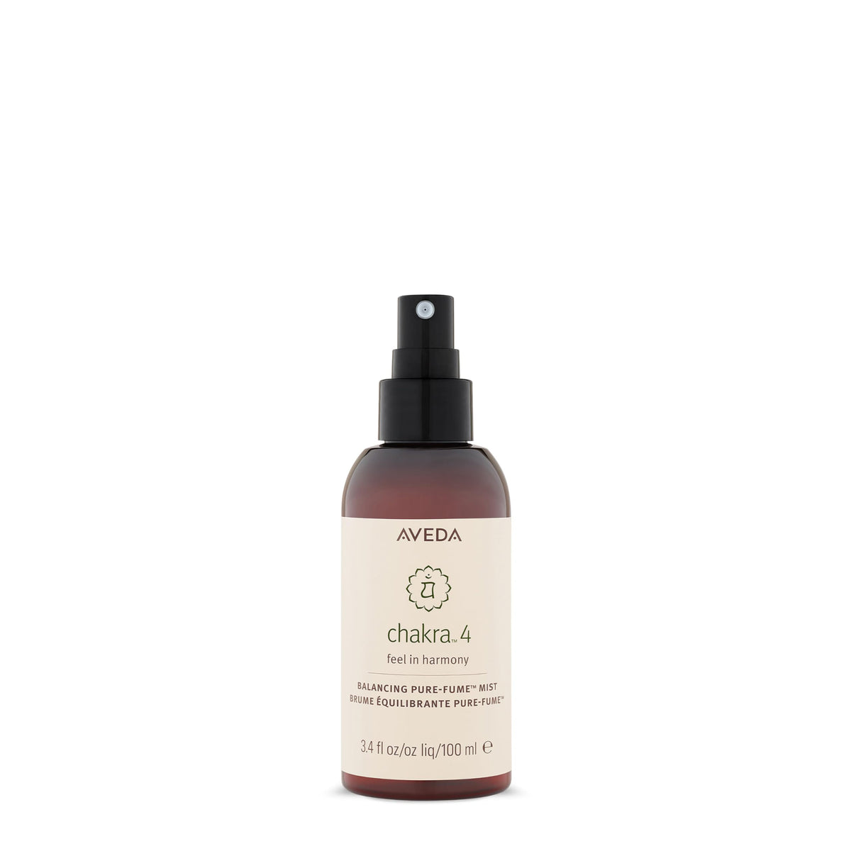 Aveda Chakra 4 Heart Balance bottle close-up for calming rituals.