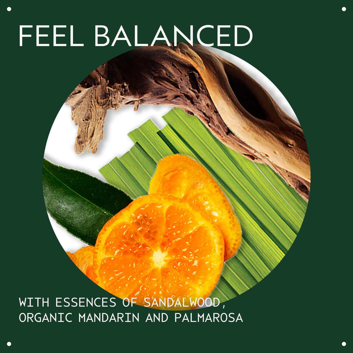 Aveda Chakra 4 organic mandarin note adds uplifting citrus ambiance.
