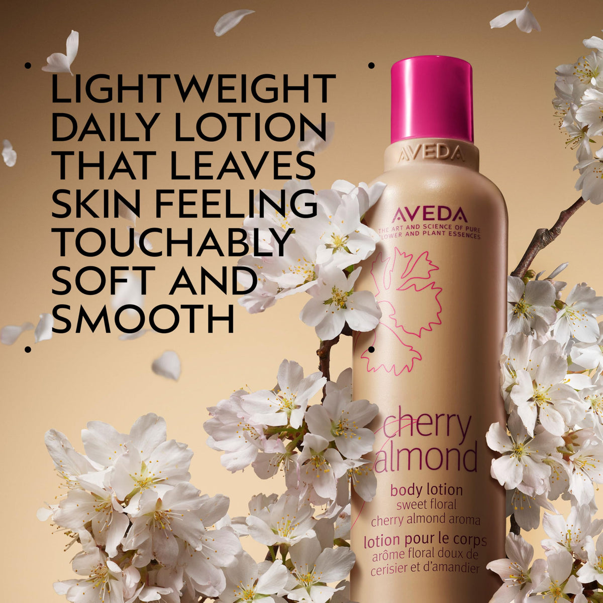 Aveda Cherry Almond bottle pour highlighting quick absorption and smooth hydration