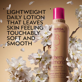 Aveda Cherry Almond bottle pour highlighting quick absorption and smooth hydration