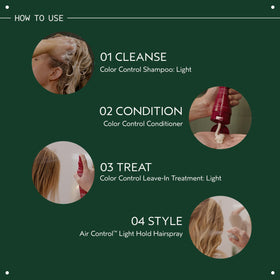 Aveda Color Control Leave-In Light packaging beside sun and water icons.