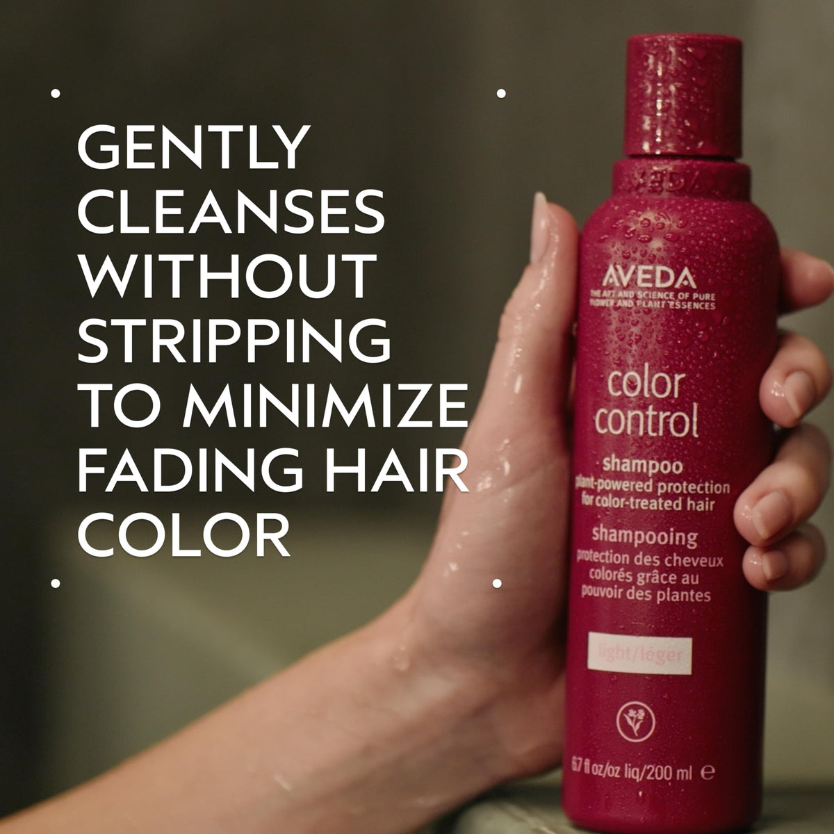 Close-up of Aveda Color Control Light Shampoo label showing 98% naturally derived formula.