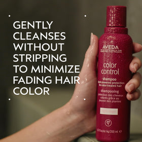 Close-up of Aveda Color Control Light Shampoo label showing 98% naturally derived formula.