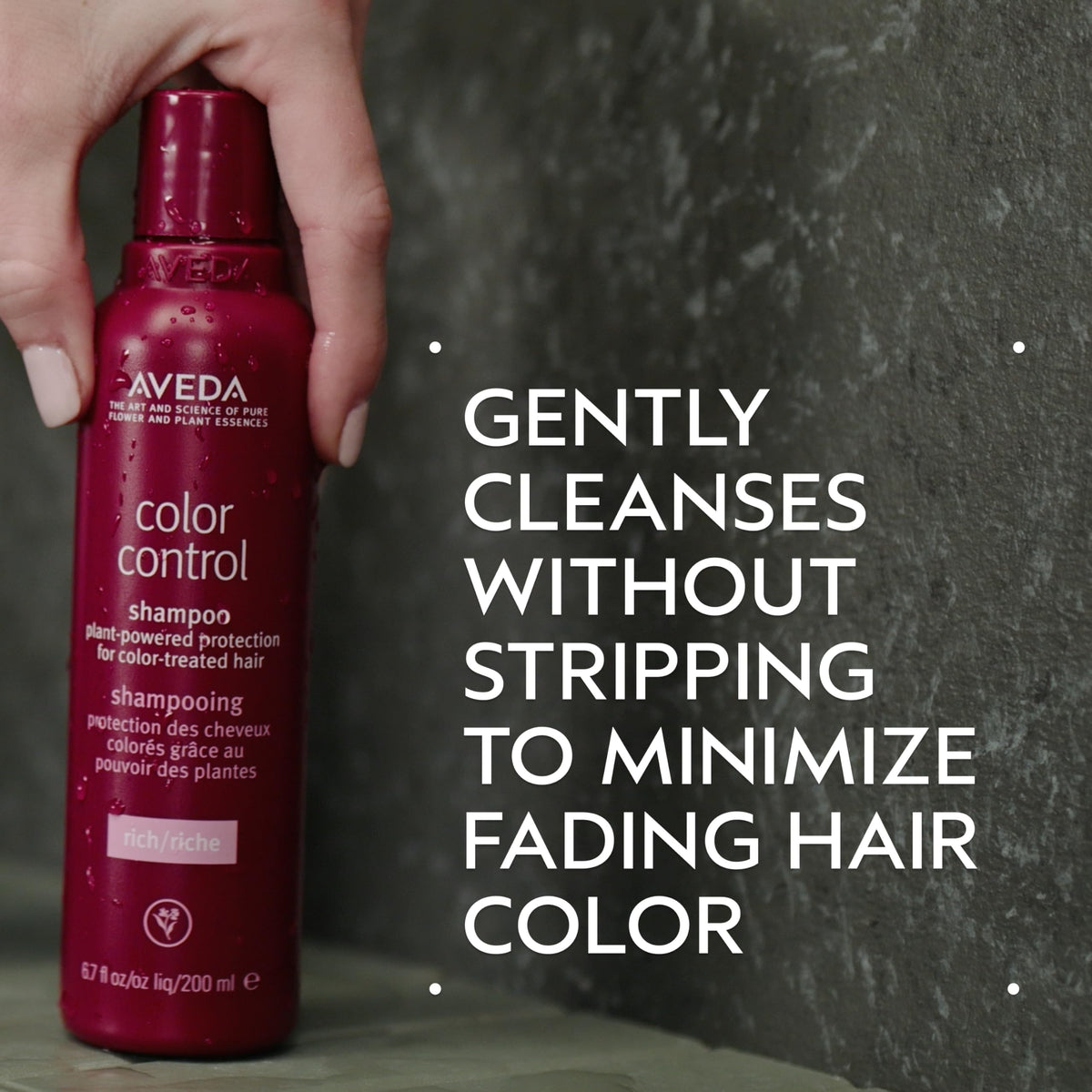 Close-up of the Color Control Rich Shampoo label highlighting a natural-derived formula for vibrancy.