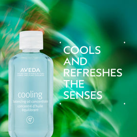 Aveda Cooling Balancing Oil bottle close-up shows lightweight texture.