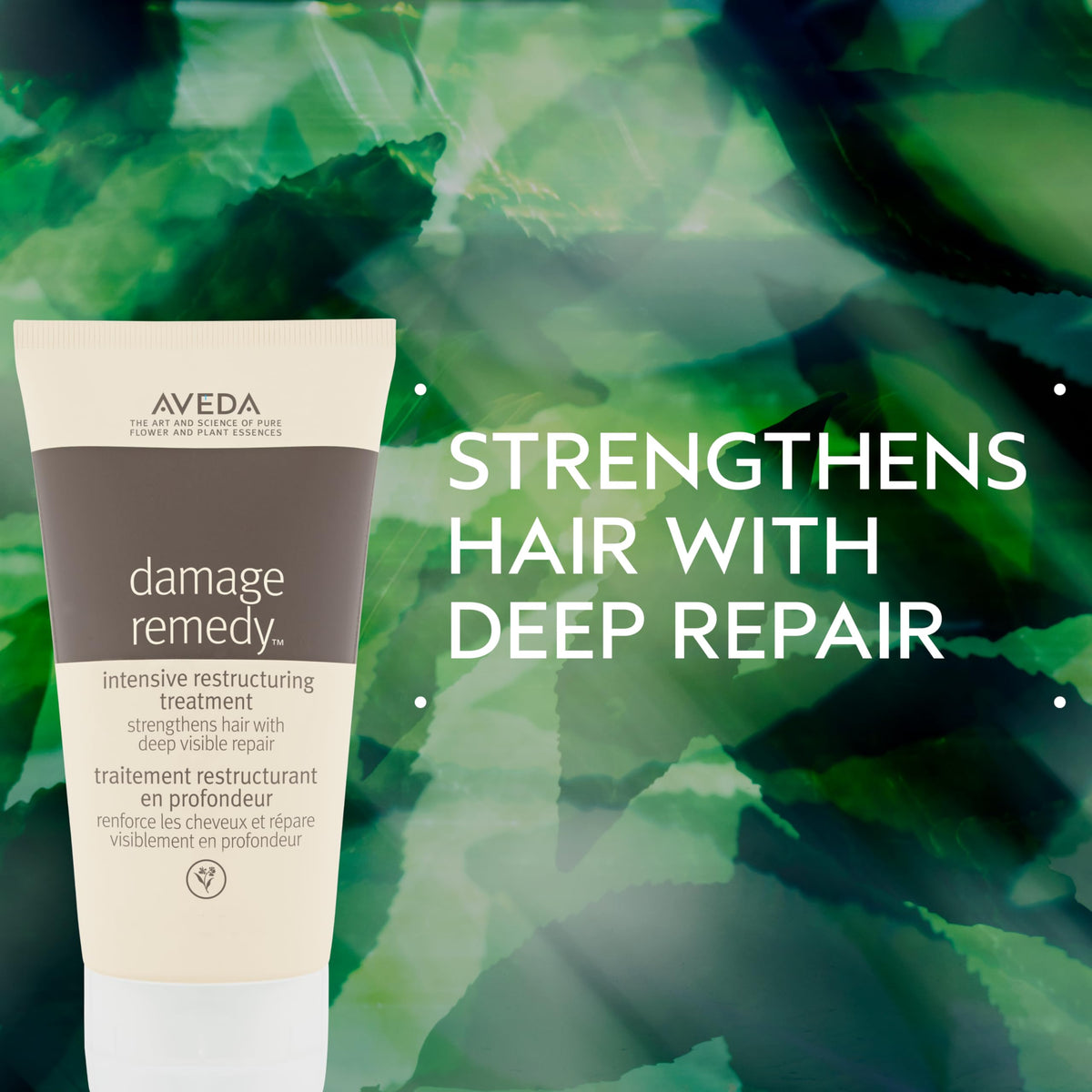 Close-up of the Aveda Damage Remedy Intensive label highlighting quinoa protein benefits.