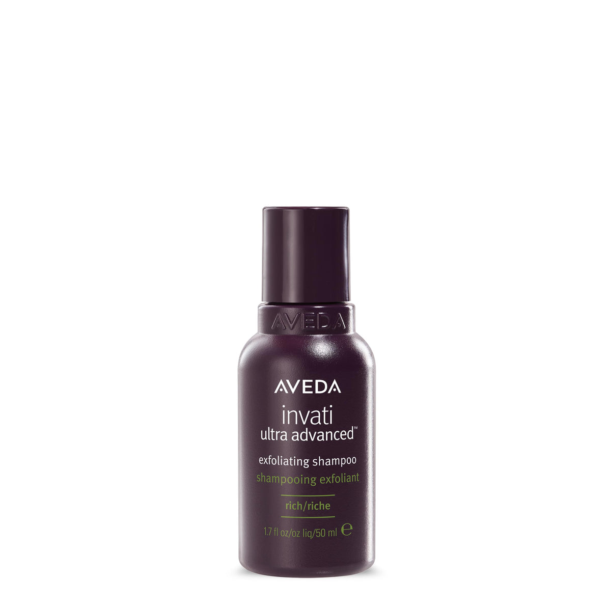 Aveda Invati Ultra Exfoliating Shampoo Rich bottle shows gentle cleansing for thinning hair.