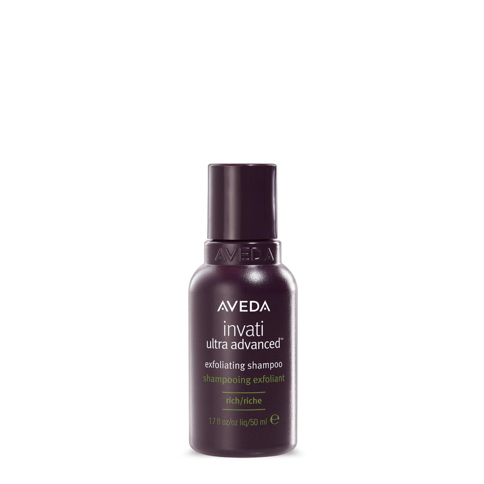 Aveda Invati Ultra Exfoliating Shampoo Rich bottle shows gentle cleansing for thinning hair.
