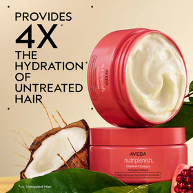 Aveda Nutriplenish Deep Moisture Masque being applied for intense conditioning on dry hair.