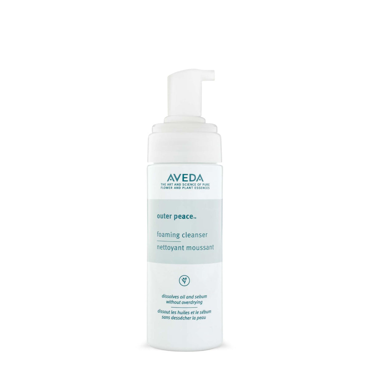 Aveda Outer Peace Foaming Cleanser bottle closeup showing gentle cleansing for acne-prone skin