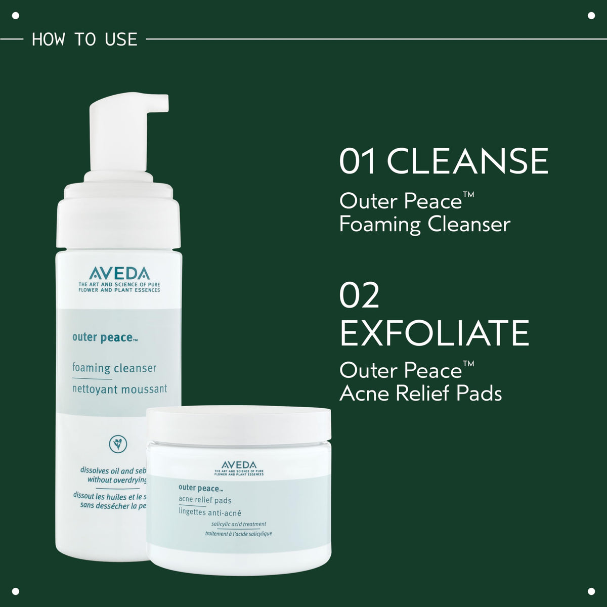 Closeup of Aveda Outer Peace packaging with label highlighting naturally derived ingredients