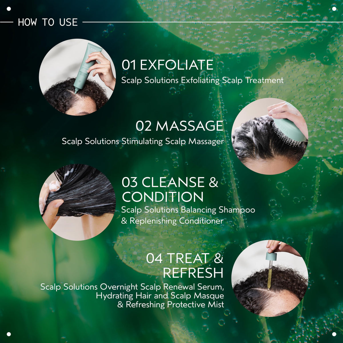 Aveda applying technique showing mid-day spray around crown for refreshed feel.