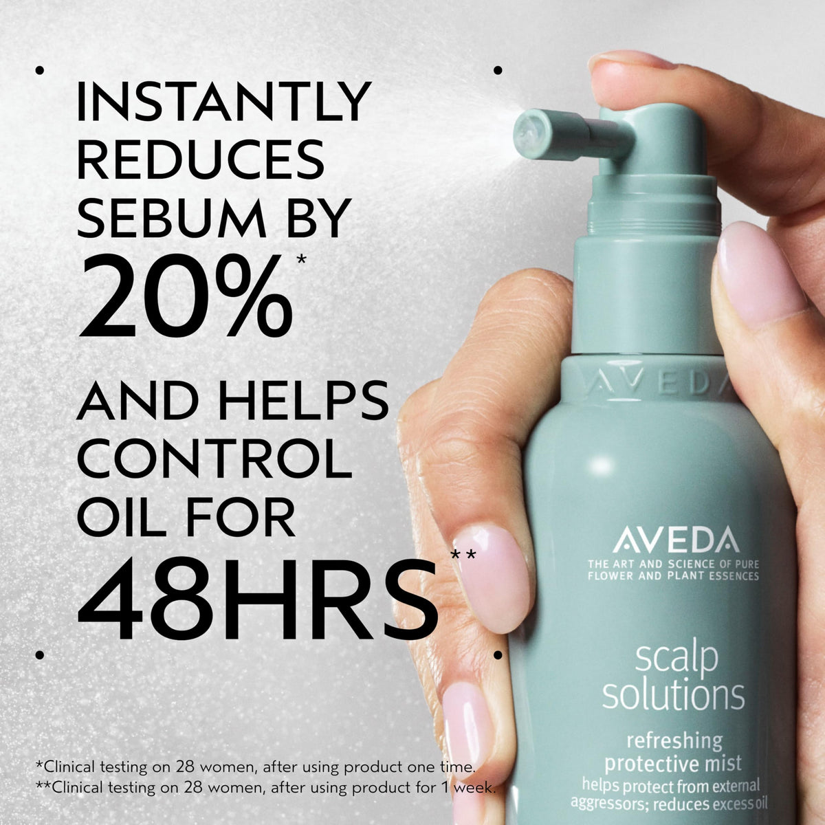 Aveda mist spray dispensing action showing even coverage and mid-day refresh.