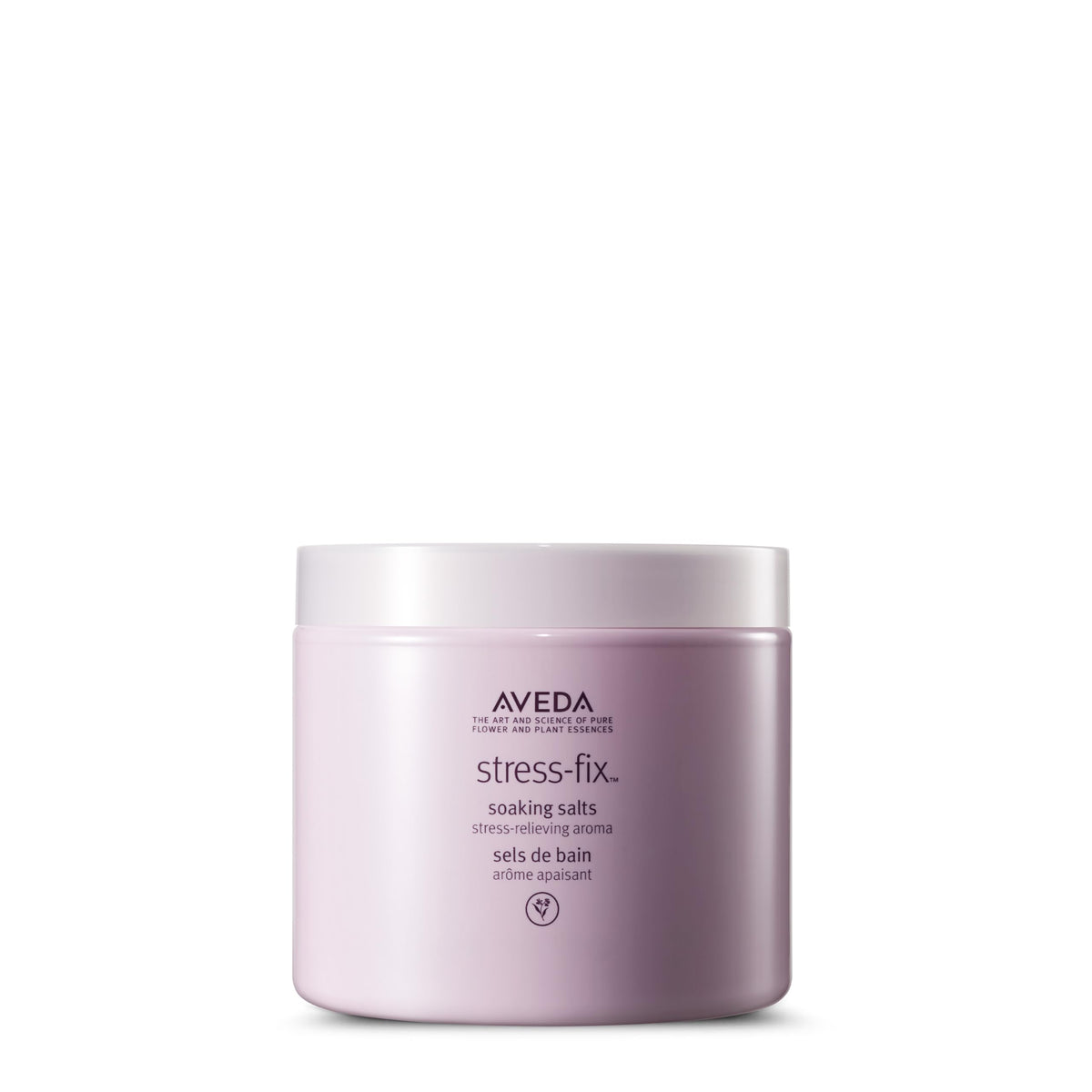 Aveda Stress-Fix Soaking Salts bottle close-up for a calming bath ritual.