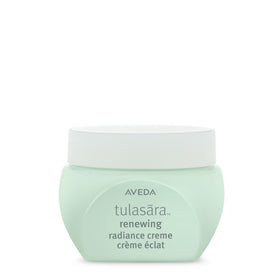 Aveda Tulasara Renewing Radiance Creme bottle showing brightening vitamin C for a radiant complexion.