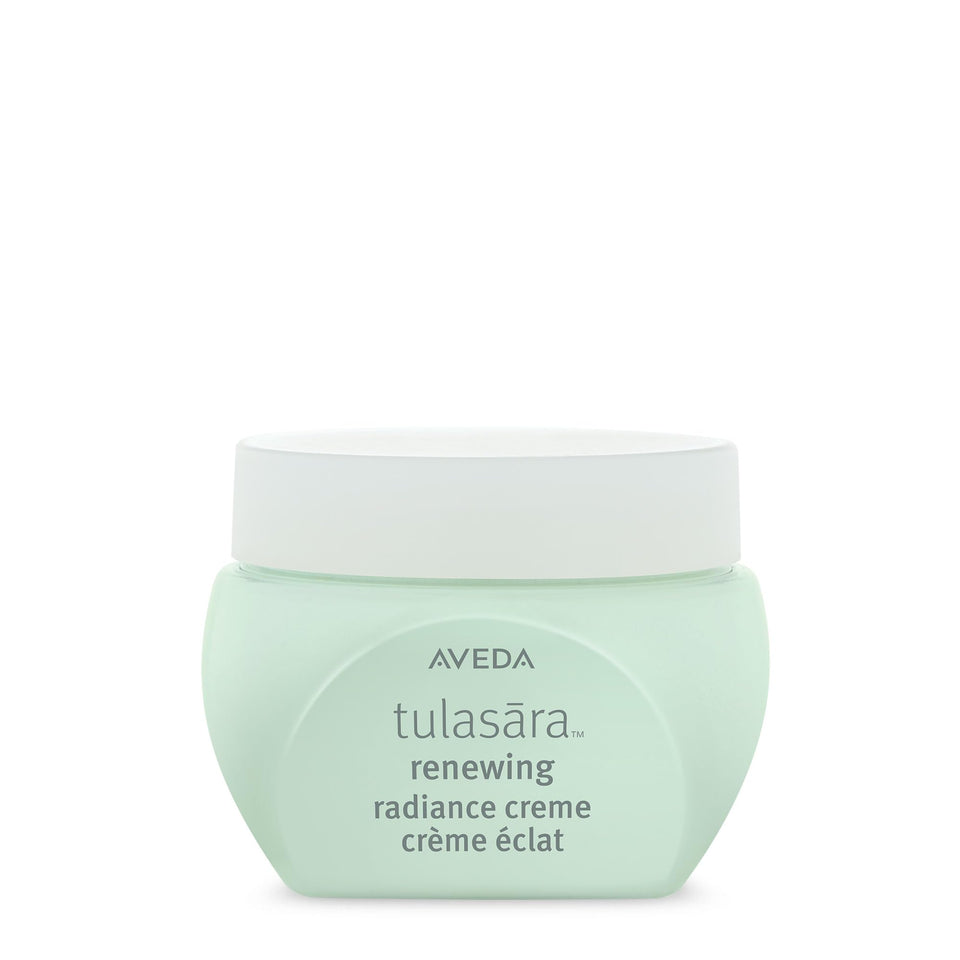 Aveda Tulasara Renewing Radiance Creme bottle showing brightening vitamin C for a radiant complexion.