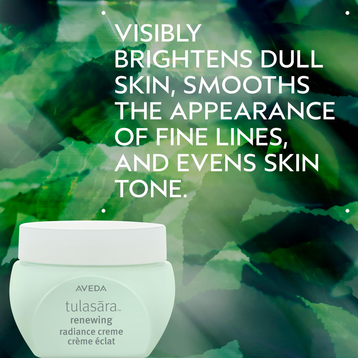 Aveda Tulasara Renewing Radiance Creme texture close-up highlighting creamy, hydrating feel for dry to normal skin.