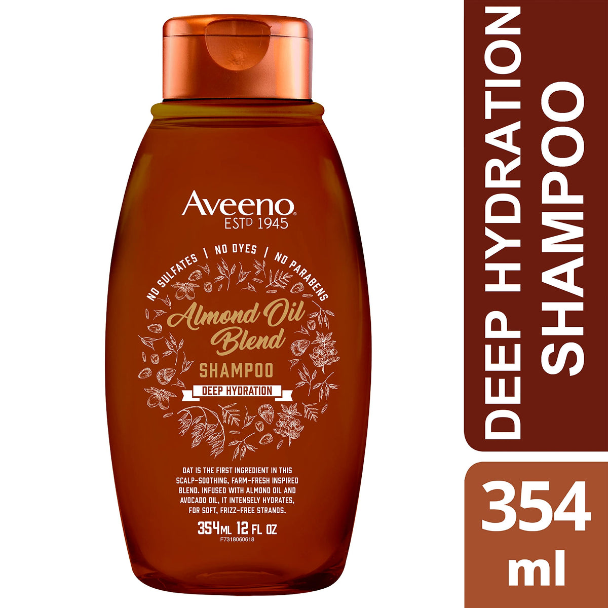 Packaging on bathroom shelf featuring Aveeno Almond Oil Blend Shampoo