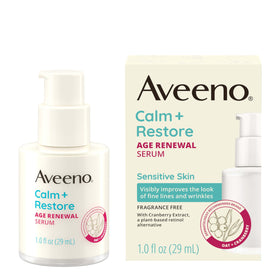 Aveeno Calm + Restore bottle front for at-home anti-aging use.