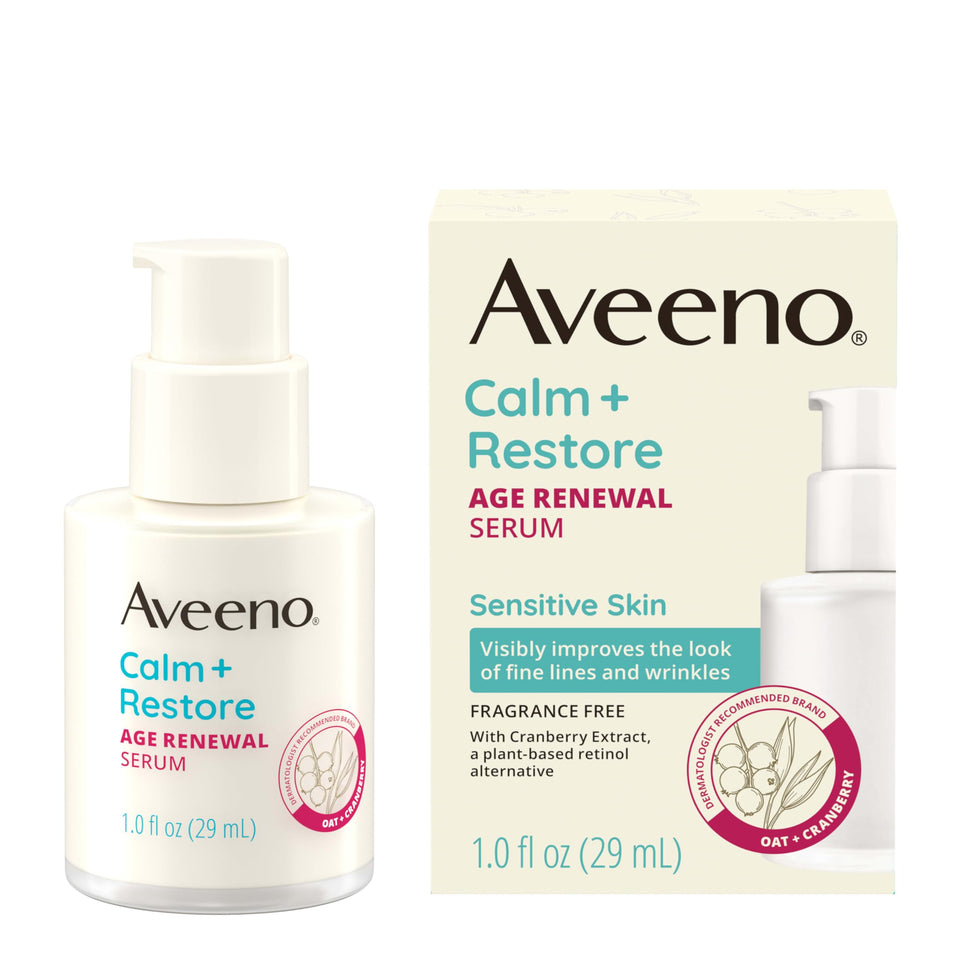 Aveeno Calm + Restore bottle front for at-home anti-aging use.