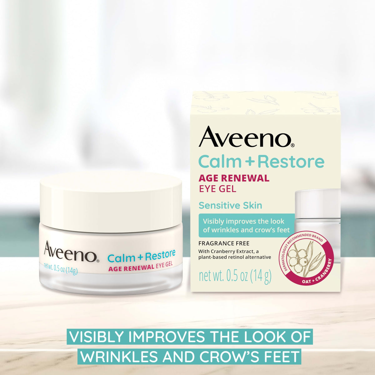Aveeno Calm + Restore Eye Gel being applied around the eye for daily soothing