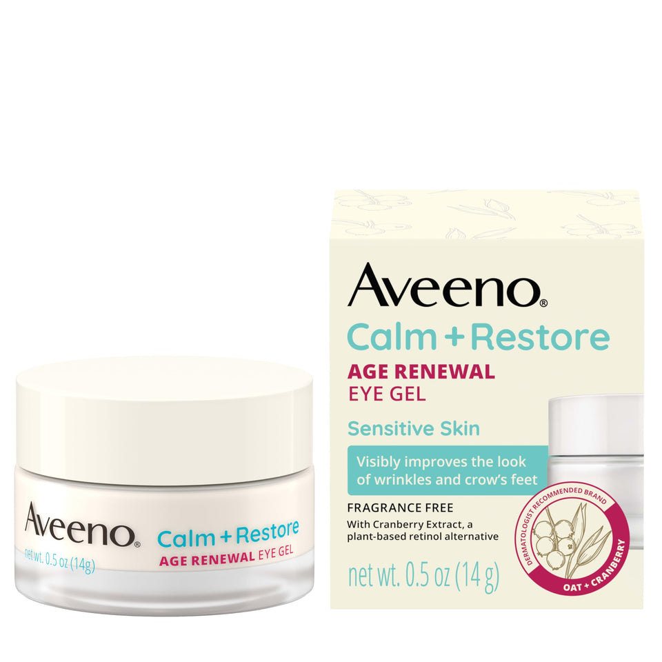 Aveeno Calm + Restore Eye Gel bottle shows fragrance free hydration for puffy under eyes