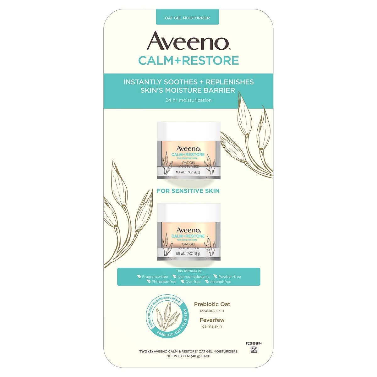 Aveeno Calm+Restore oat gel moisturizer bottle shown for sensitive skin hydration.
