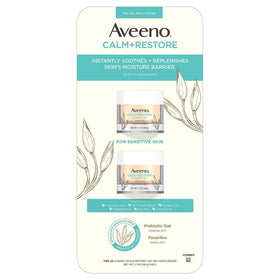 Aveeno Calm+Restore oat gel moisturizer bottle shown for sensitive skin hydration.