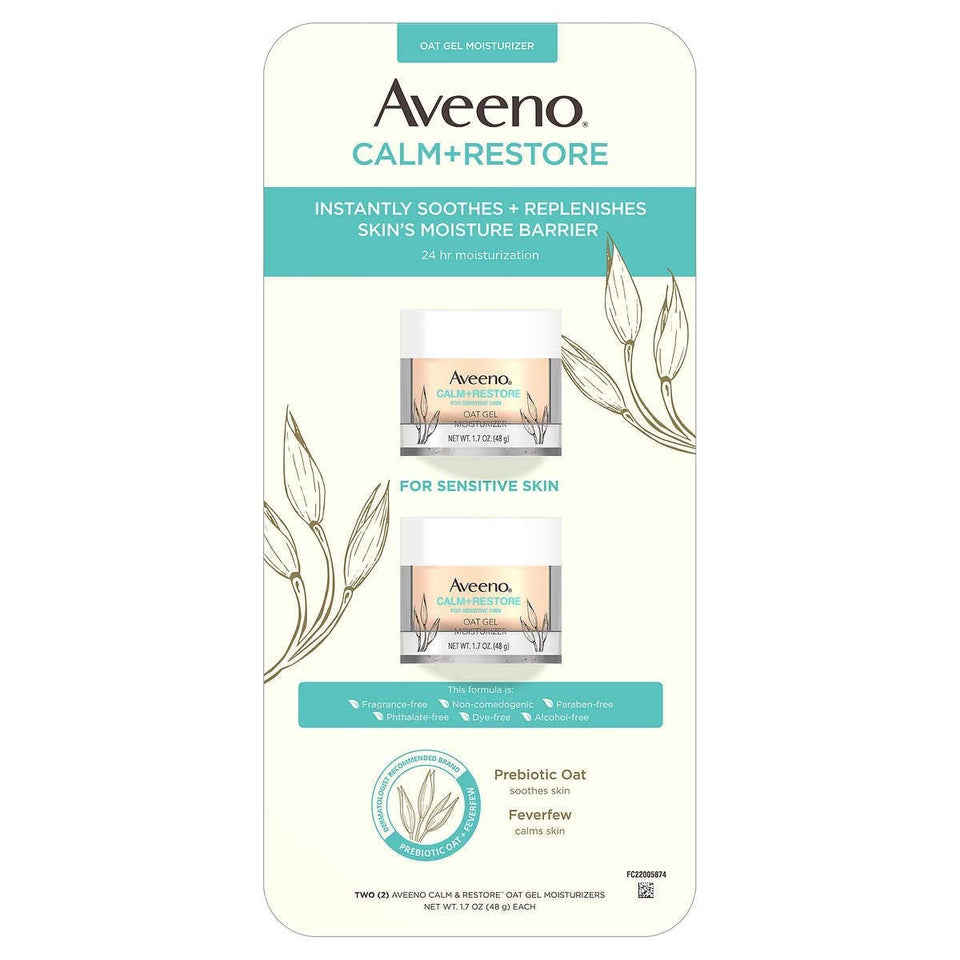 Aveeno Calm+Restore oat gel moisturizer bottle shown for sensitive skin hydration.
