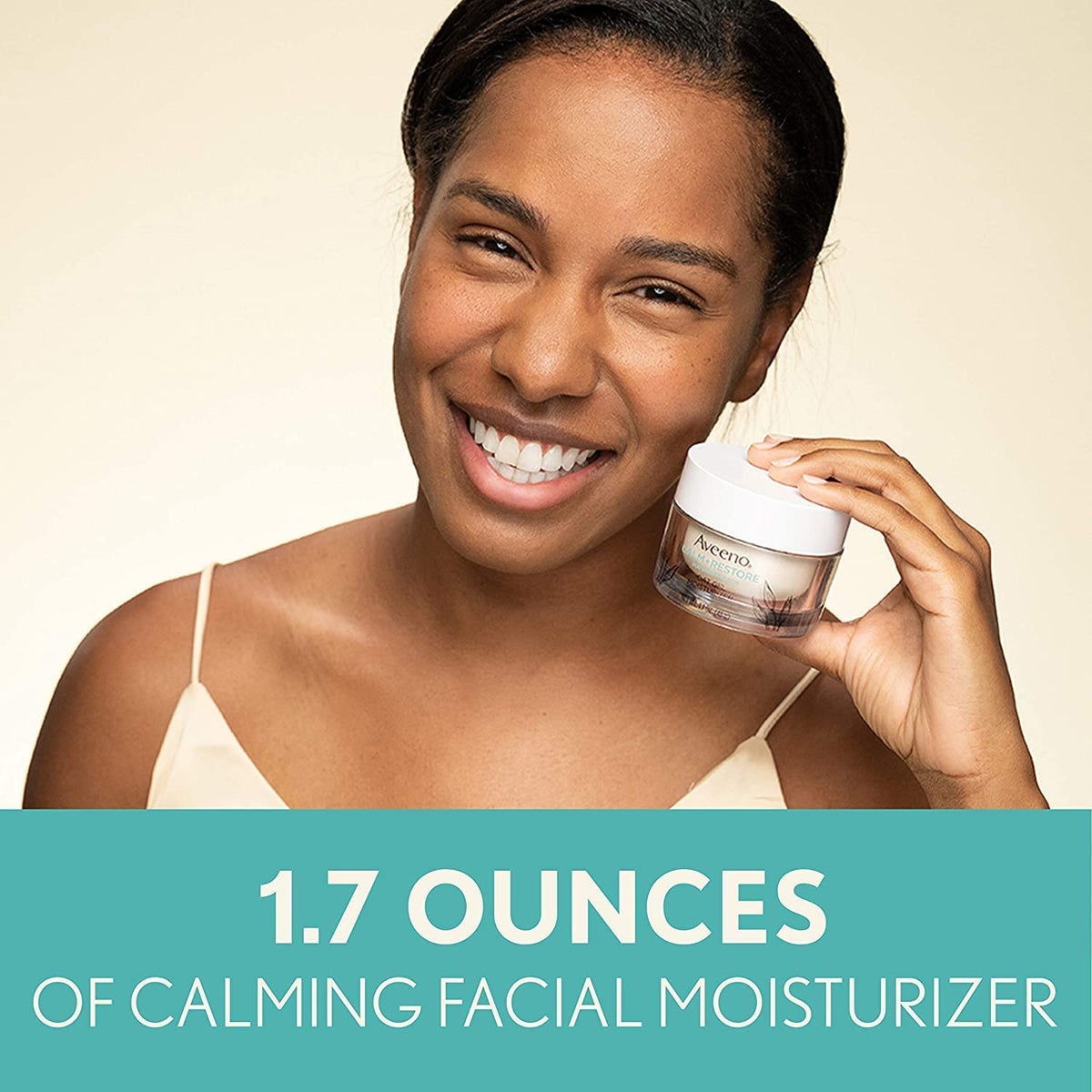 Fragrance-free Aveeno Calm+Restore label emphasizing clean ingredients.