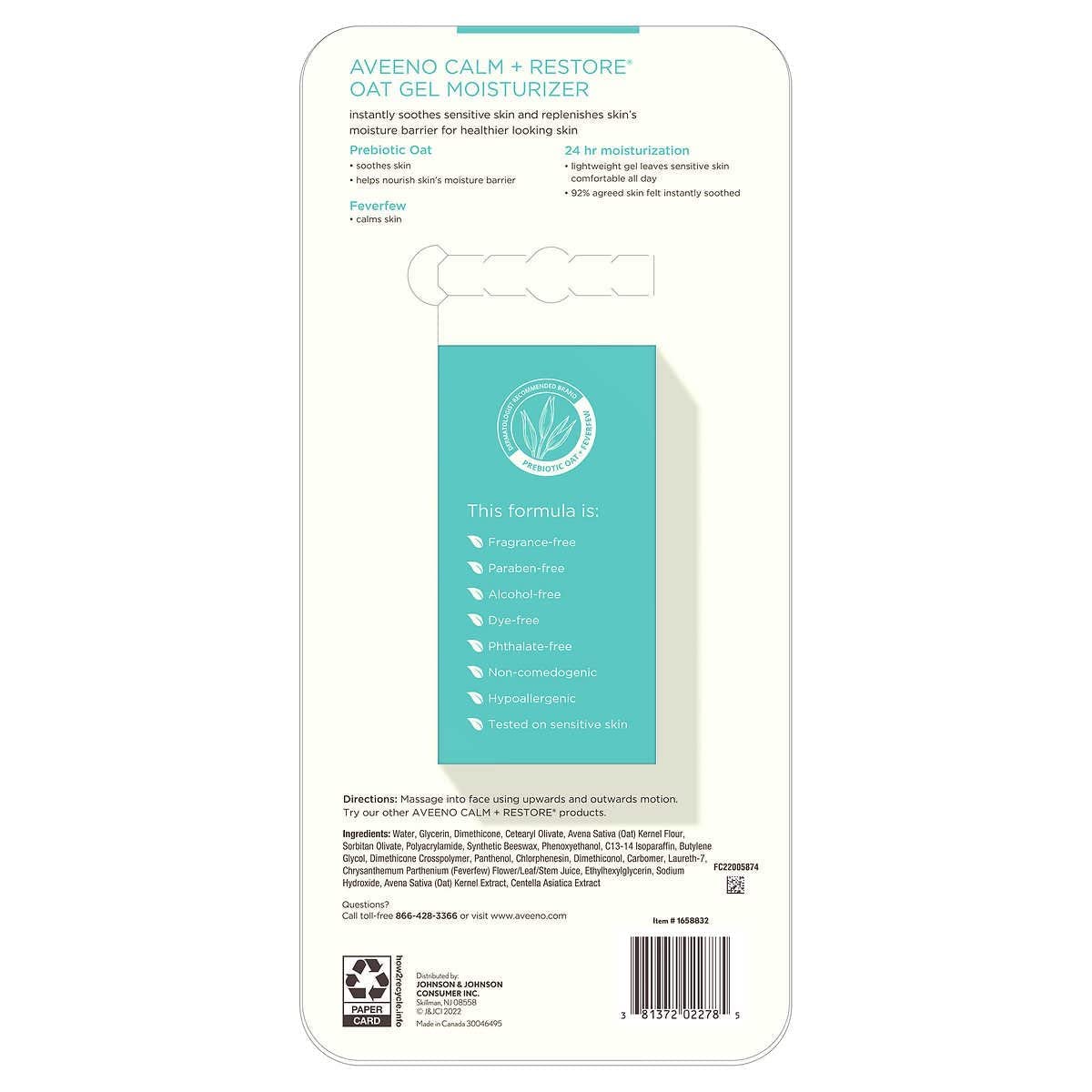 Front view of Aveeno Calm+Restore packaging highlighting dermatologist-backed brand.