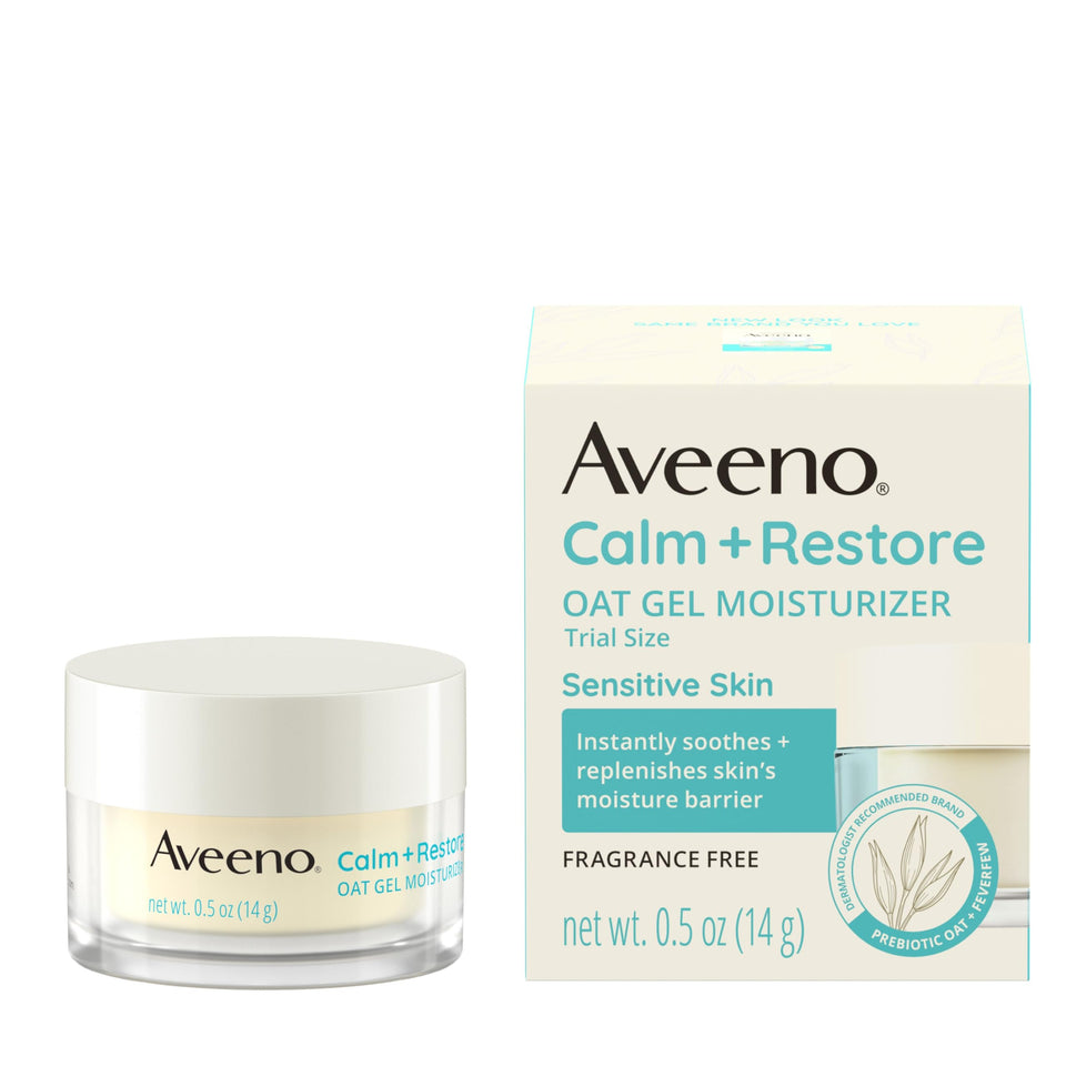 Aveeno Calm + Restore Oat Gel moisturiser packshot showing fragrance-free formula for sensitive skin hydration.