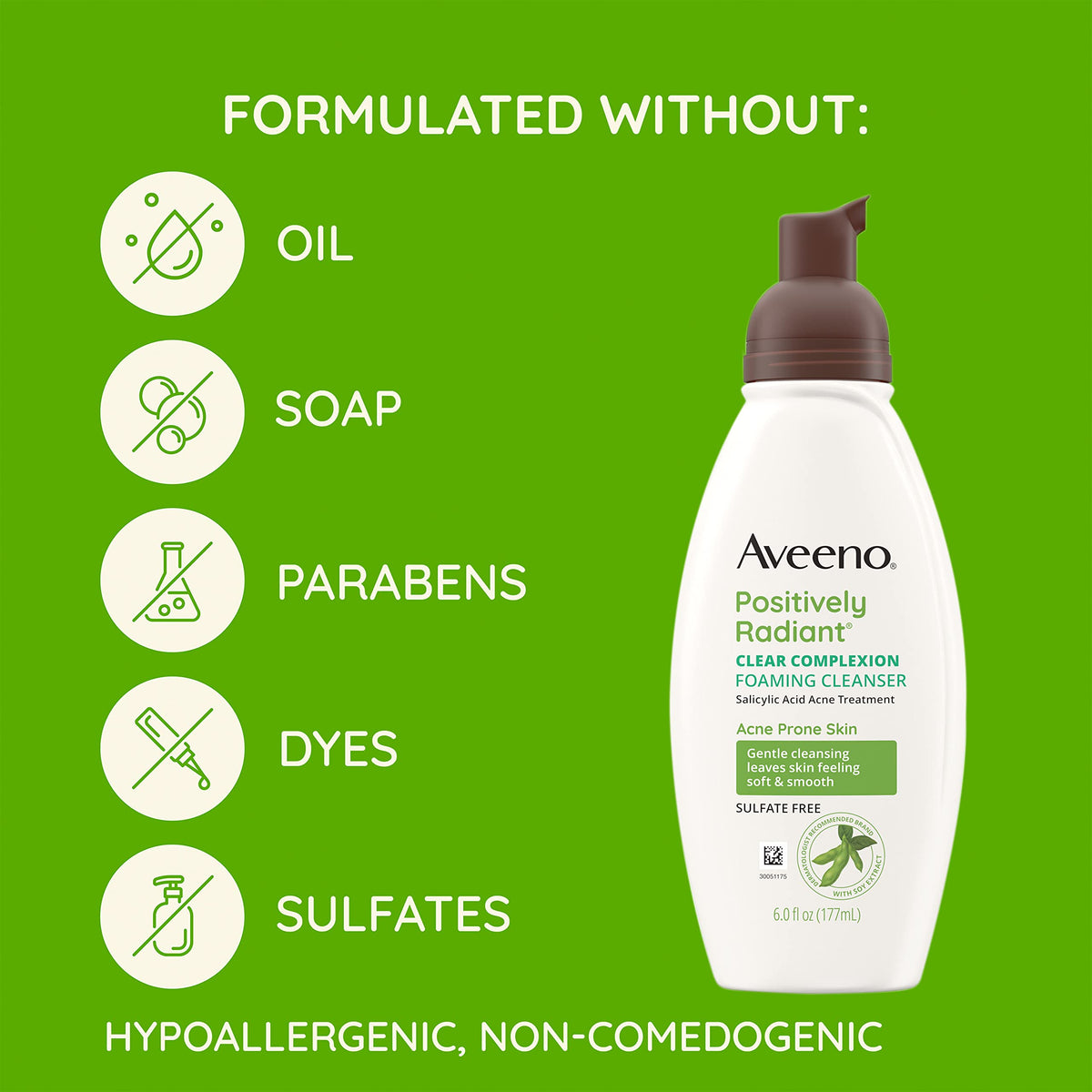 Aveeno Clear Complexion hypoallergenic label emphasizes a non-irritating daily-use formula.
