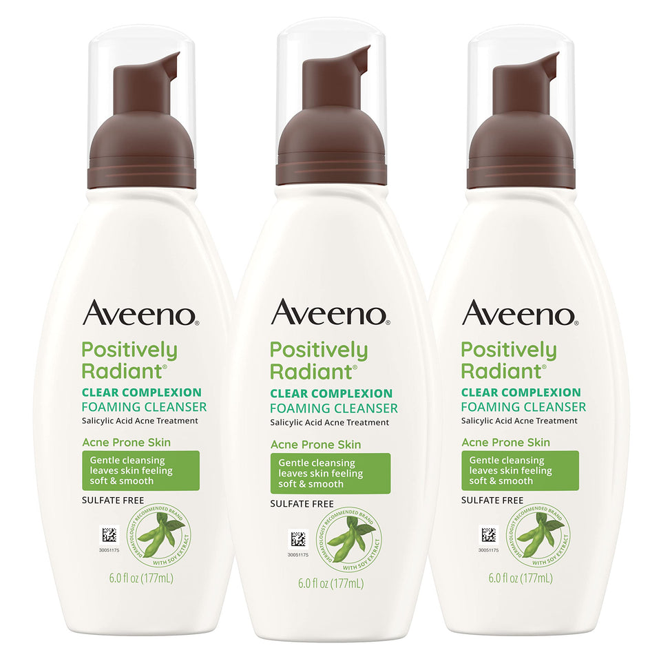 Aveeno Clear Complexion triple-pack bottles show the oil-free cleanser for breakout-prone skin.