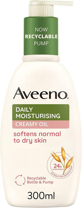 Aveeno Creamy Moist Oil bottle for daily hydration with non-greasy feel