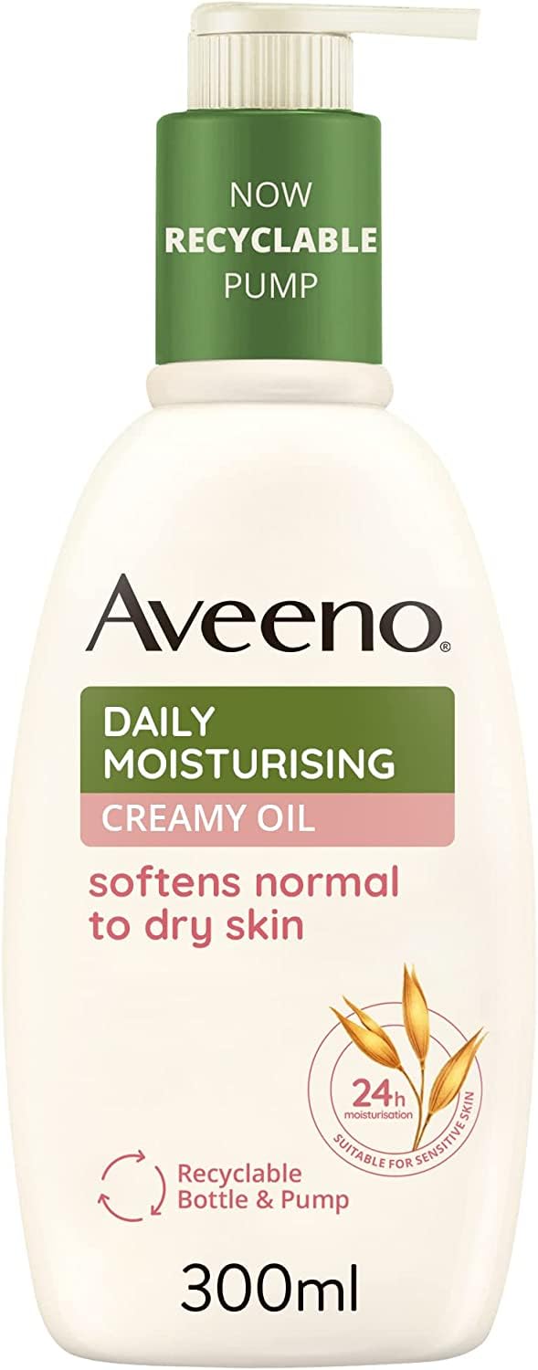 Aveeno Creamy Moist Oil bottle for daily hydration with non-greasy feel