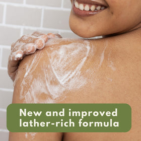 Aveeno Daily Moisturizing Body Wash bottle-pour highlights creamy lather for daily use.