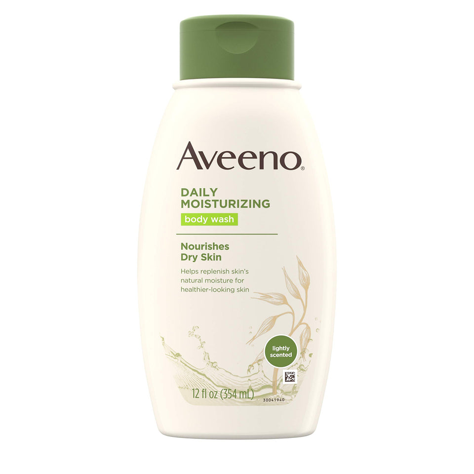 Aveeno Daily Moisturizing Body Wash bottle with oats, highlighting hydration benefits