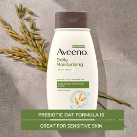 Aveeno Daily Moisturizing Body Wash creamy-lather closeup illustrates smooth skin after shower.