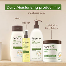 Aveeno Daily Moisturizing Body Wash free parabens-dyes-soaps closeup emphasizes gentle, skin-friendly formula.