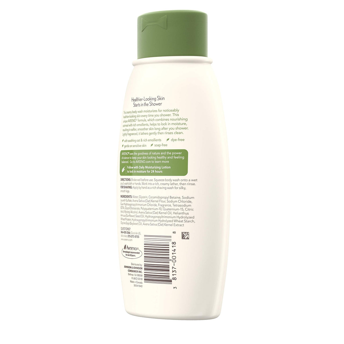 Product label on Aveeno bottle displayed for easy identification