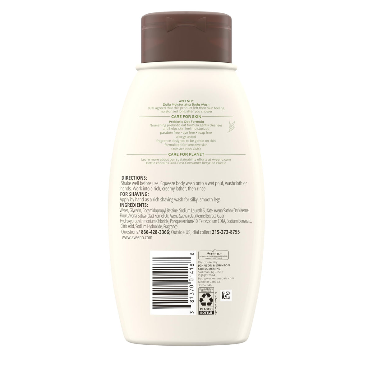 Aveeno Daily Moisturizing Body Wash lotion-pairing image suggests 24-hour moisture.