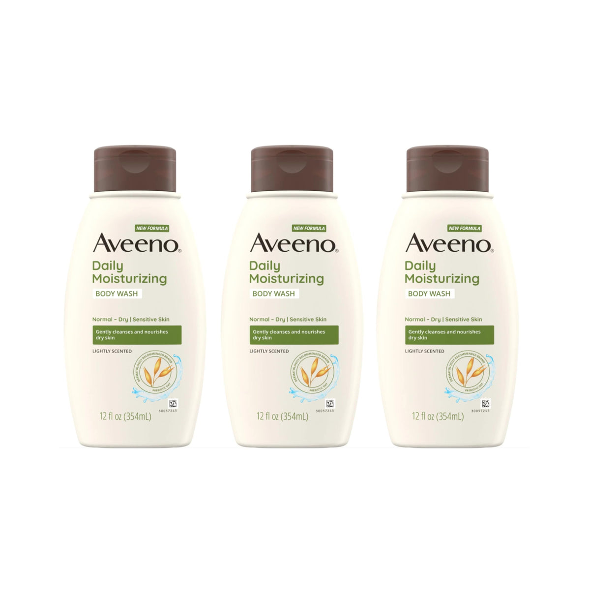 Aveeno Daily Moisturizing Body Wash pack-3-bottles shows gentle cleansing for dry skin.